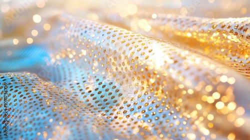 Dance of the Seven Veils Day: dramatic close-up of shimmering beadwork on a veil, intricate patterns glowing under warm light photo