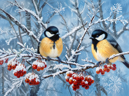 Charming birds perched on snowy branches with bright berries in a winter scene