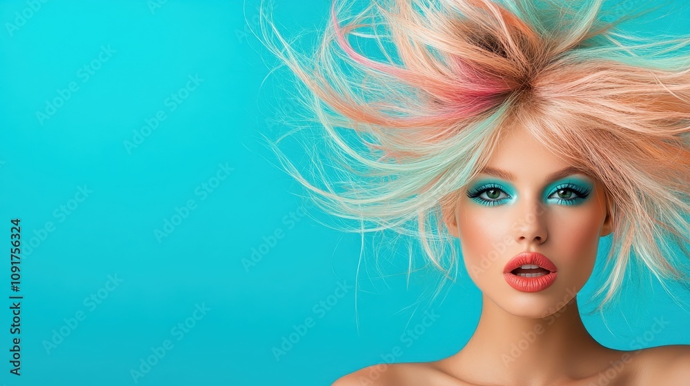 An energetic portrait with dynamic hair, striking makeup, and a turquoise background, highlighting a contemporary fashion style with vibrant color contrasts. An energetic portrait with dynamic hair, striking makeup, and a turquoise background, highlighting a contemporary fashion style with vibrant color contrasts.