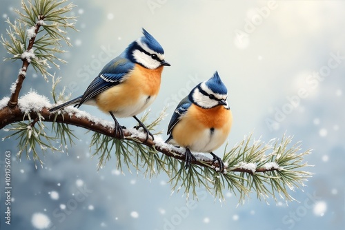 Sweet blue birds perched on a snowy branch with pine needles in a gentle winter snowfall