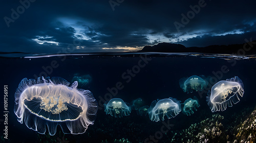 A Mesmerizing Night Scene with Bioluminescent Comb Jellies (Ctenophora) Illuminating Dark Ocean Waters photo