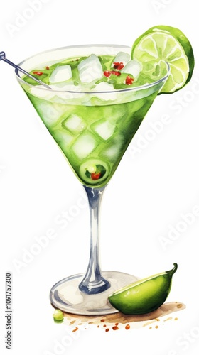 Watercolor Jalapeno Margarita on White Background for Summer Cocktail Recipes Generative AI