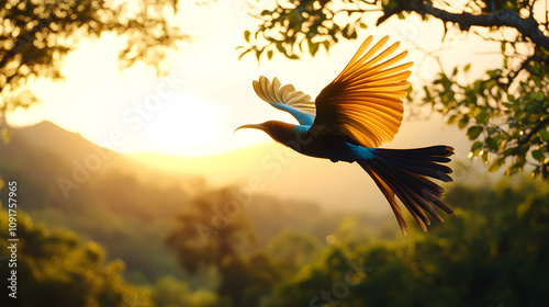 The Raggiana Bird-of-Paradise in Full Flight Against a Dramatic Sunset photo