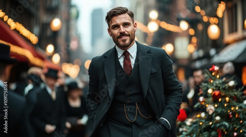 A male model in a classic suit with festive lights surrounding him on a bustling urban street, capturing elegance and holiday spirit in an iconic modern setting. photo