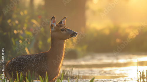 Serenity of the Chinese Water Deer in a Misty Wetland at Golden Hour photo