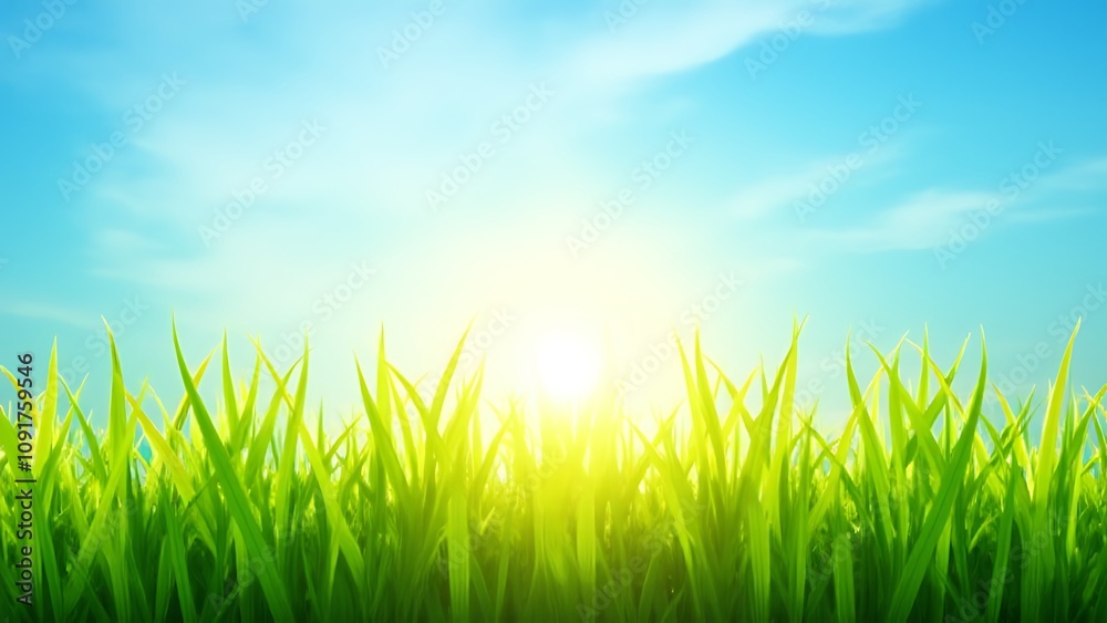 Fototapeta premium Vibrant green blades of grass stretch out against a bright blue sky with warm sunlight shining down upon them.