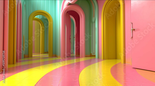 interior ARCHITECTURE STRANGE 3 DOORS ART NOUVEAU MODERN weird strange pink green yellow