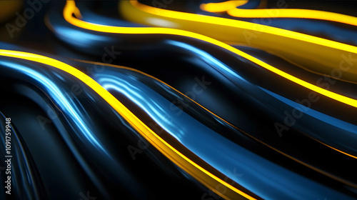 Luminous blue and yellow neon curves isolated on black intricate light effects cinema 4D octane render Ukraine flag colors high detail photo