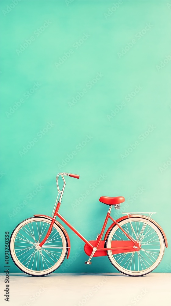 Fototapeta premium Vintage Red Bicycle Against Textured Mint Green Wall for Urban Commute Enthusiasts : Generative AI