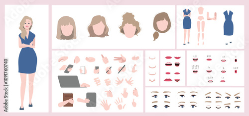 Business woman avatar creation suitable for animation. Generator, constructor of diverse views of eyes, lips, emotion expressions mouth animation and lip sync. Girl character face and body move.