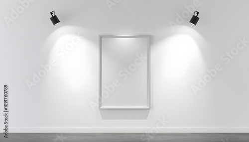 empty A4 frame on white wall with spotlights isolated with white highlights, png photo