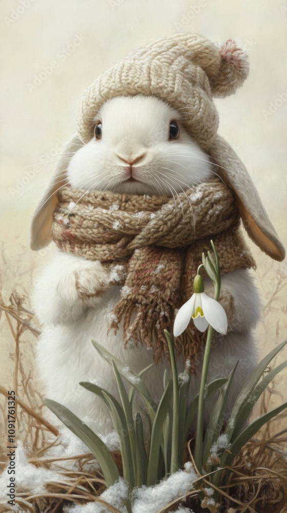 Fototapeta premium Fluffy bunny in cozy winter attire stands beside a delicate snowdrop flower, AI