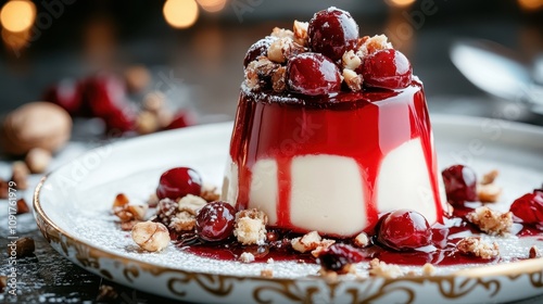 A modern culinary masterpiece, this panna cotta is crowned with a glistening cherry sauce, sprinkled with nuts, and garnished with mint leaves, creating a visual feast. photo