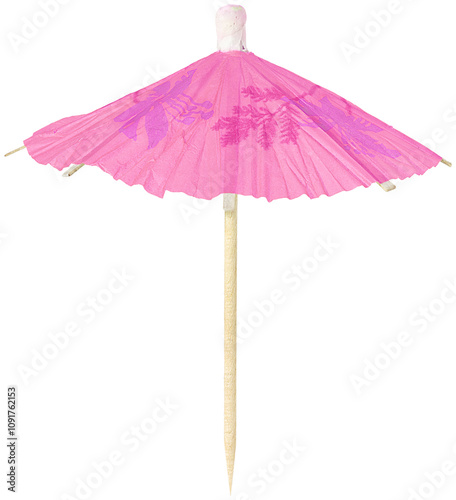 Pink cocktail umbrella isolated on white background, ideal for drinks, tropical themes, and party decorations. photo