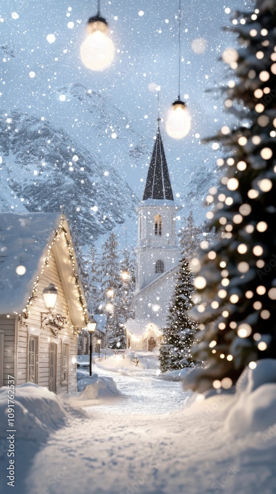 Fototapeta premium Snowy village scene with church and festive lights, AI