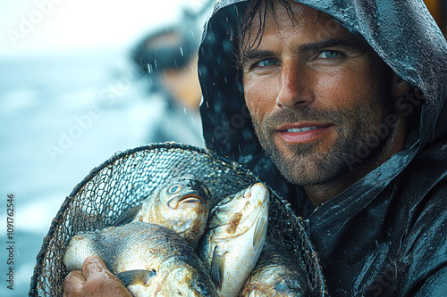 Stylish fisherman in raincoat holding a catch: adventure and sea life concept photo