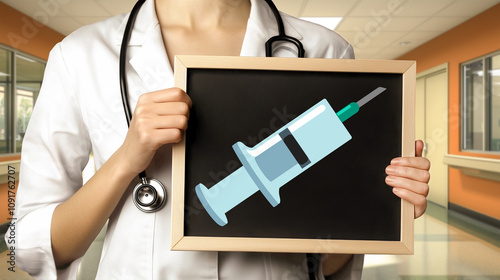 Doctor and syringe on blackboard in clinic environment.Vaccine,drug,therapy,cure,health concept.