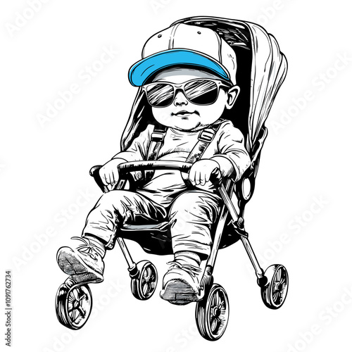 vector baby in cap and sunglasses in stroller .Generative AI