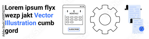 Calendar with Subscribe button, gear icon, and documents with checklist. Ideal for project planning, workflow optimization, productivity tracking, scheduling, business operations, task management