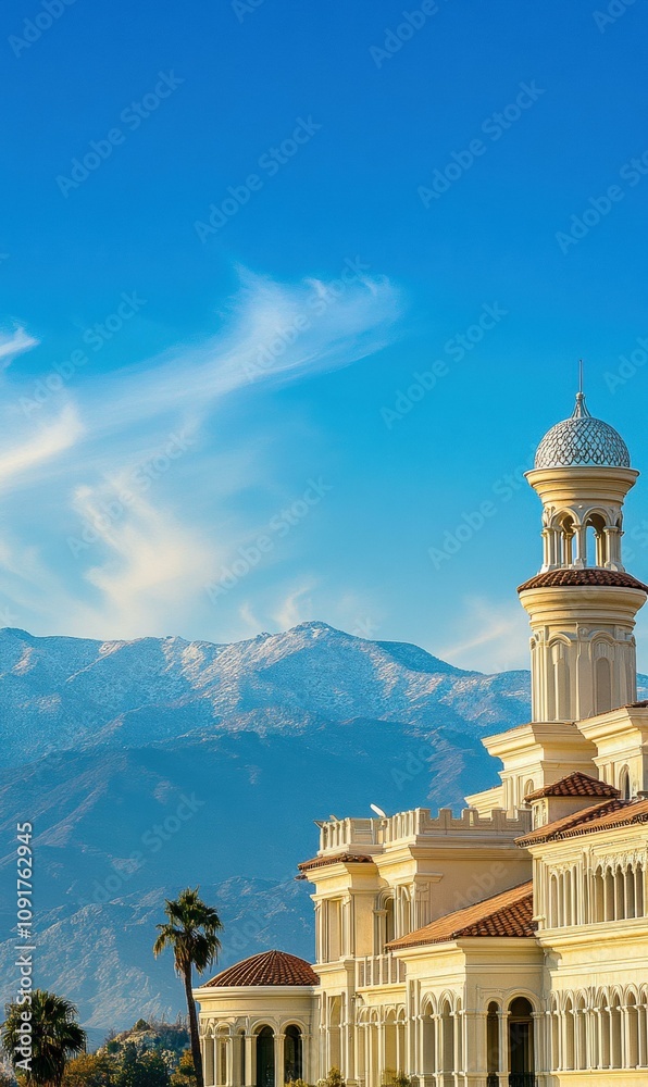 Fototapeta premium Majestic building against a snow-capped mountain range under a vibrant blue sky. AI.