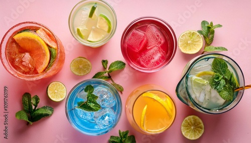 colourful summer drinks with ice top view lemonades and coctails on pink background