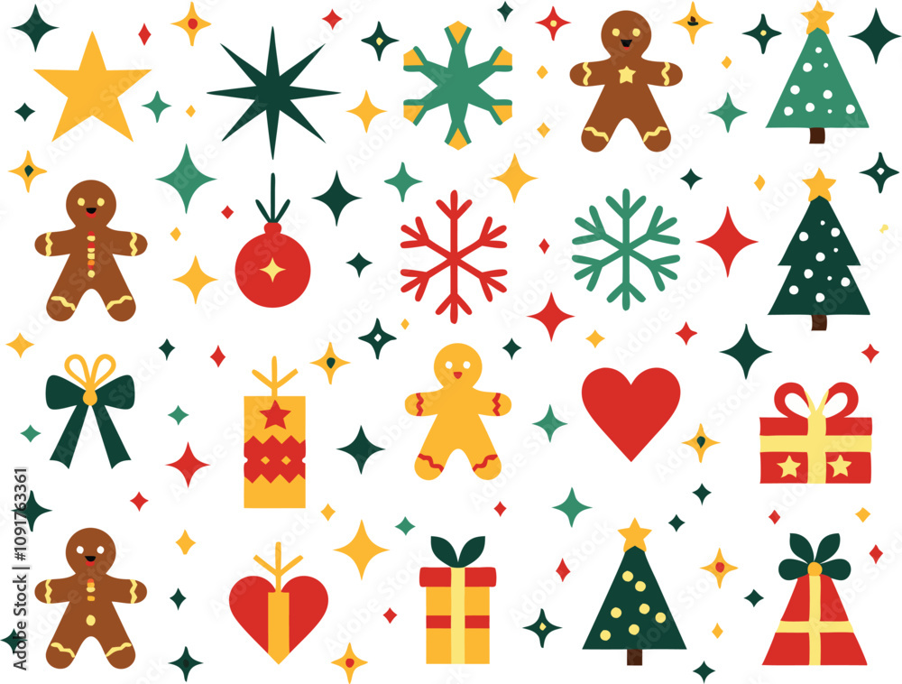 Fototapeta premium set of Christmas tree, Christmas design elements, Holiday Celebration Icons: Candy Cane, Bell, Star, box, gift, tree, Umbrella, ornament decoration