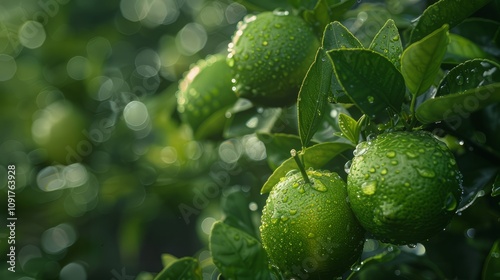 Wallpaper Mural Limes glistening with morning dew hang heavy on a lush green branch Torontodigital.ca