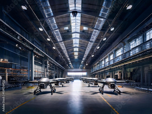 Modern Military Drones in Industrial Hangar photo