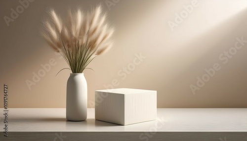 modern vase with lagurus grass and cube podium for product presentation with copy space minimal home interior scene for design photo