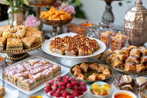 Festive Eid Celebration Table with Assorted Sweets and Desserts for a Joyful Gathering