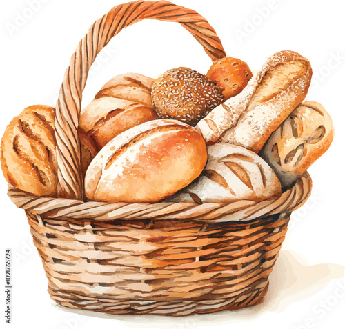 Delicious bread basket vector illustration. Wicker basket with bakery vector illustration. Basket with wheat and fresh bread isolated on white background