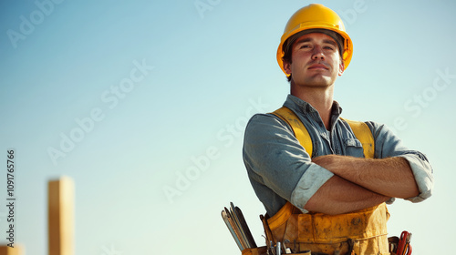 Construction worker stands with folded arms, wearing a yellow hard hat and tool vest, in a sunny outdoor setting. Concept of confidence and professionalism. For construction safety promotions photo