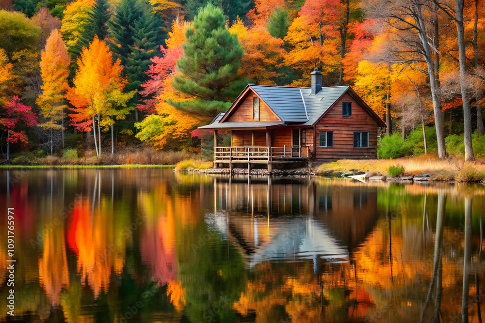 Fototapeta premium Log cabin by the lake in the woods, water reflections in fall, secluded lake house getaway
