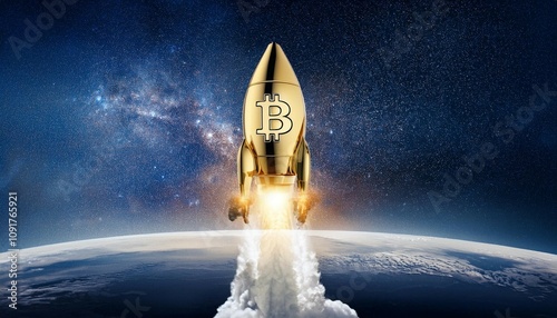 a golden rocket with the bitcoin logo is taking off into space