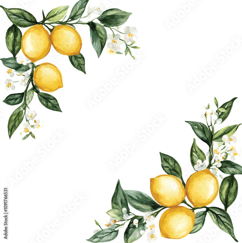 Summer card with flowers and lemon branch. Floral design elements for wedding invitation, label for drinks. Vector illustration. Floral design elements for wedding invitation