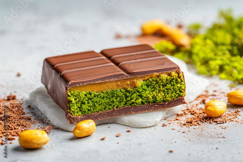 Dubai chocolate bar with green kadayif and pistachio spread pistachios close up