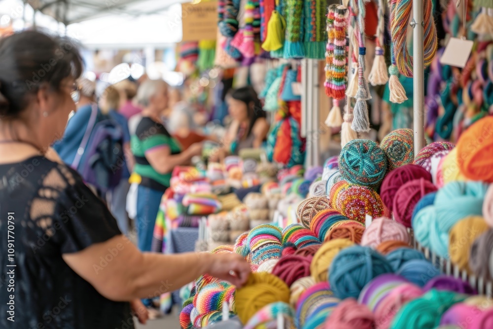 Fototapeta premium Vibrant Yarn Festival with Colorful Displays and Engaged Visitors Celebrating Creativity