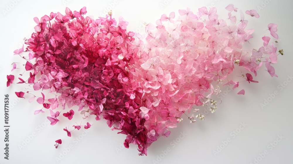 Fototapeta premium A heart-shaped floral artwork crafted with pink flower petals in a gradient from deep rose to soft blush tones. The design is arranged on a smooth white surface, creating a striking, romantic visual.