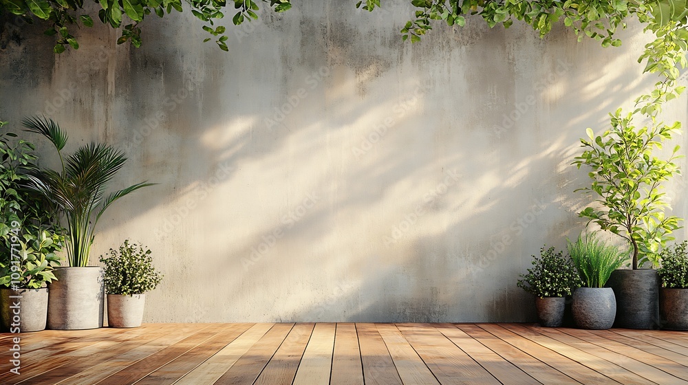 Serene Patio with Sunlit Plants Against Textured Concrete Wall : Generative AI Serene Patio with Sunlit Plants Against Textured Concrete Wall : Generative AI