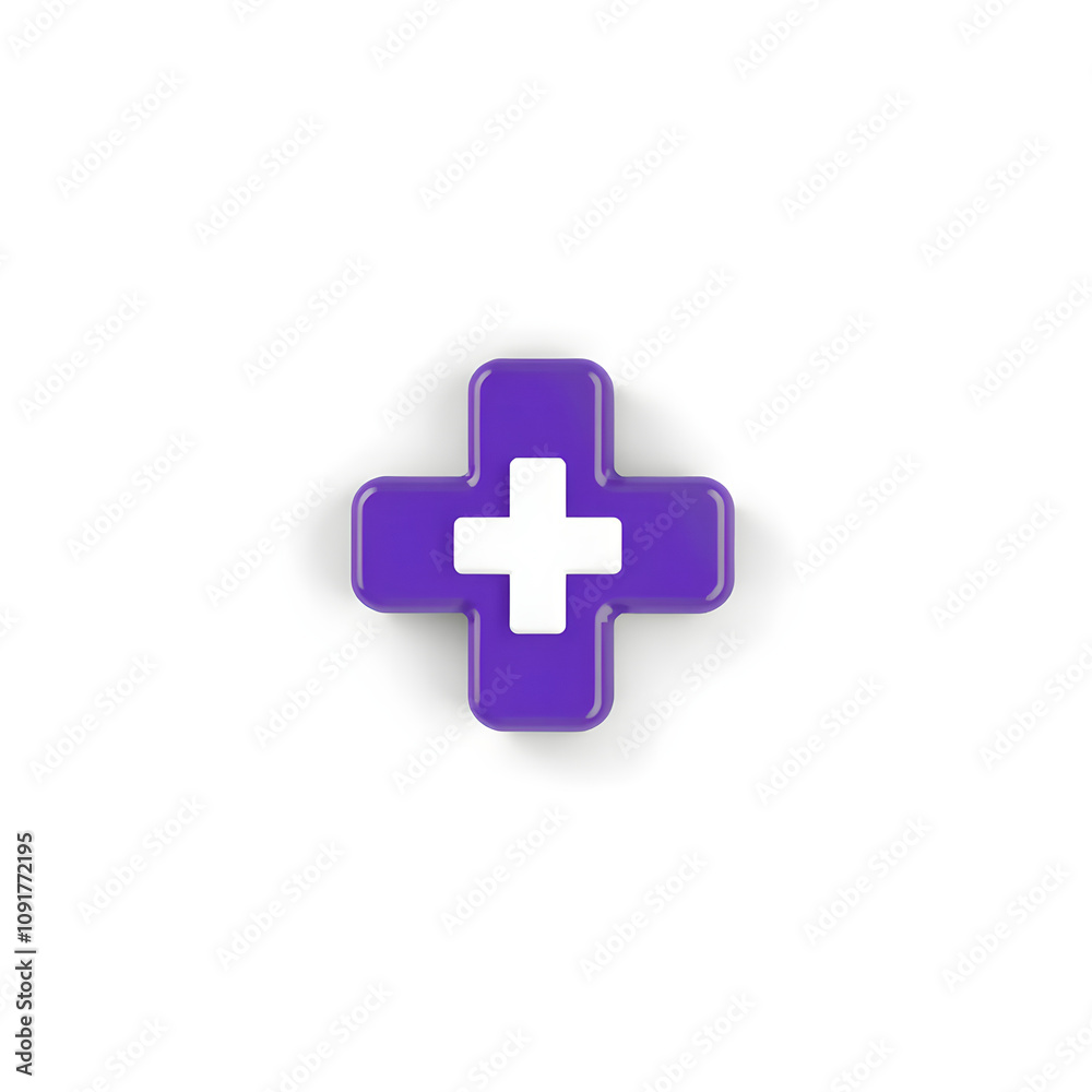 Obraz premium 3d purple plus sign icon on the white background. Cartoon 3d icon of first aid and health care with minimal style. Medical symbol of emergency help. 3d medical aid vector render illustration