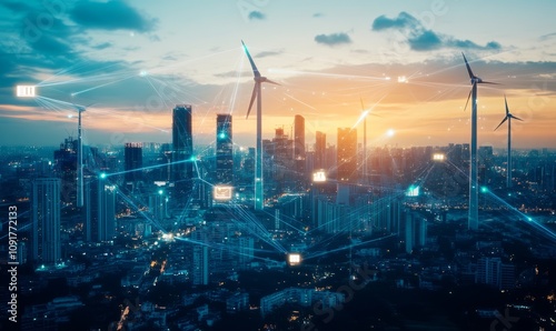 Futuristic Cityscape with AI Turbines Enhancing Urban Life and Energy Efficiency