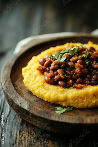 Traditional Tanzanian dish of Ugali and Maharage polenta with beans presented on a rustic wooden plate, ideal for food and travel content photo