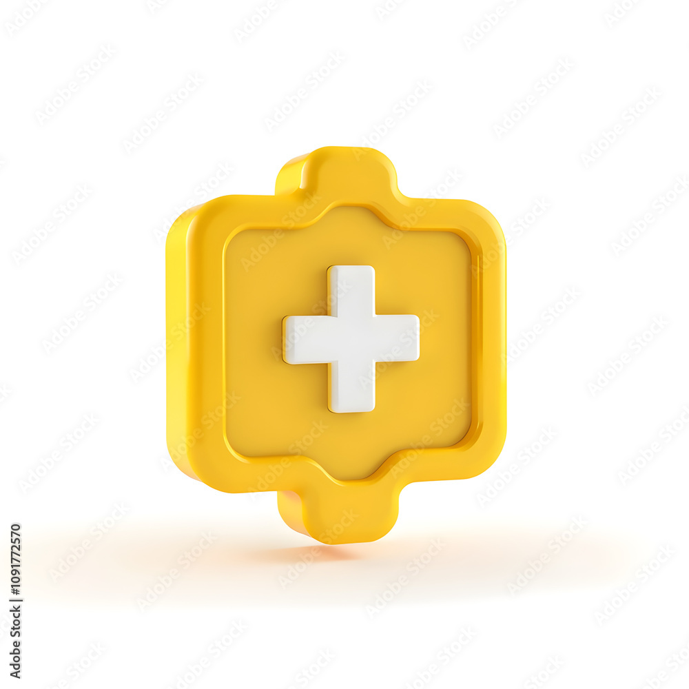Obraz premium 3d yellow plus sign icon on the white background. Cartoon icon of first aid and health care with minimal style. Medical symbol of emergency help. 3d aid vector render illustration