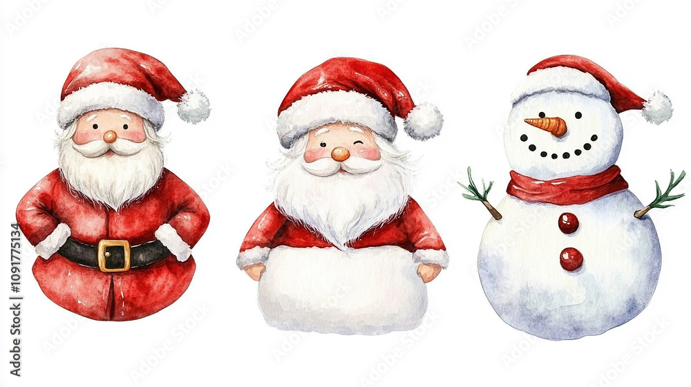Set of watercolor white snowmen and santa claus isolated with watercolour white background. New year party decor, Christmas decorations vector illustration backdrop wallpaper Set of watercolor white snowmen and santa claus isolated with watercolour white background. New year party decor, Christmas decorations vector illustration backdrop wallpaper
