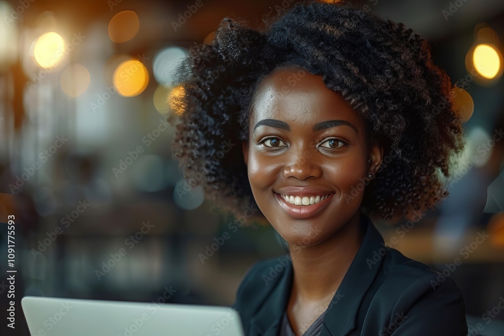 Fototapeta premium African Businesswoman Smiling While Working on Laptop
