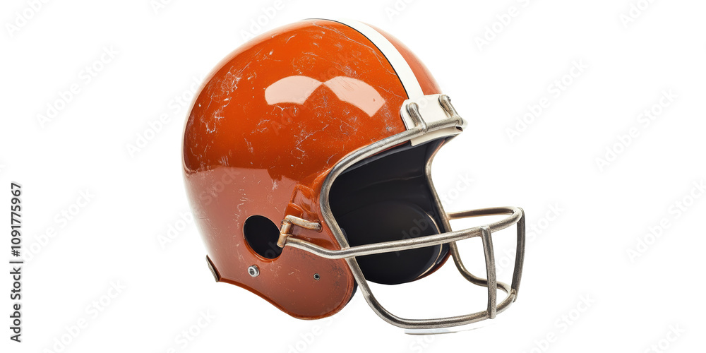 Fototapeta premium Orange Football Helmet With White Stripes Isolated on Transparent Background.