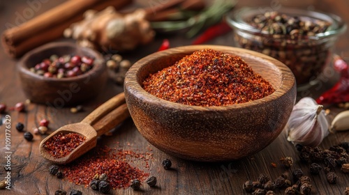 Wooden bowl of crushed red pepper surrounded by spices on rustic table photo