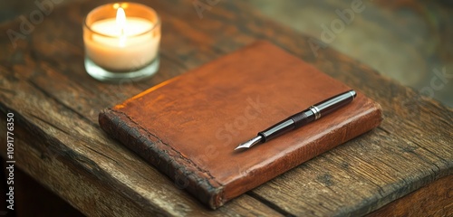 A vintage leather-bound journal with a fountain pen, resting on an old wooden writing desk next to a burning candle.