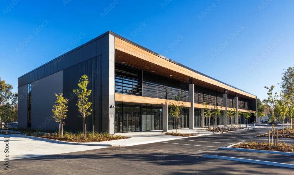 Obraz premium Modern Warehouse Exterior with Parking Lot Under Clear Blue Sky for Commercial Use