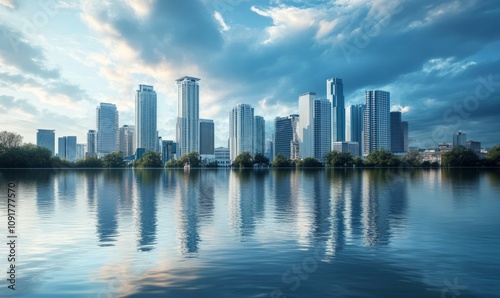 Flooded city skyline reflecting in water, showcasing climate change impact